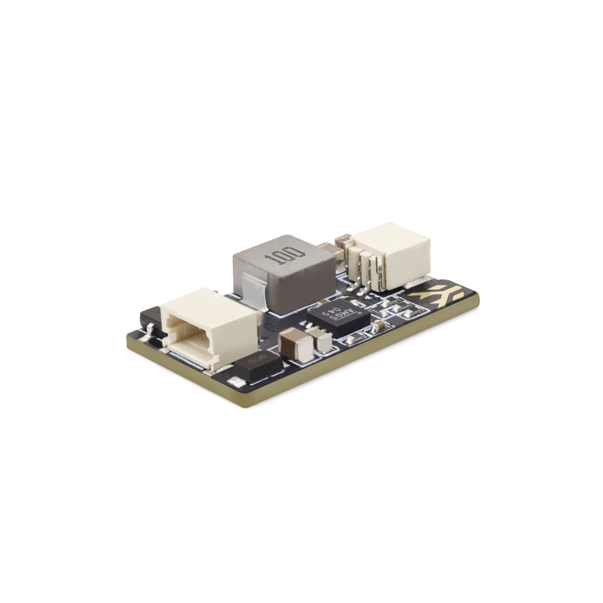Angled view of BEC circuit board showing 100 inductor, two connectors, and soldered components