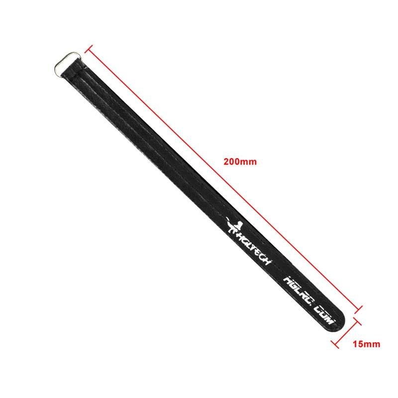 15mm x 200mm black LiPo battery strap with metal buckle, size diagram shown