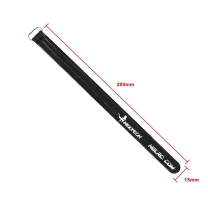 15mm x 200mm black LiPo battery strap with metal buckle, size diagram shown