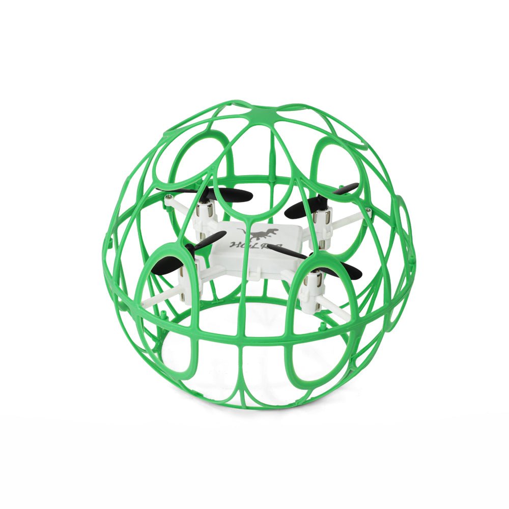 Green spherical cage drone close-up, propellers and inner frame visible