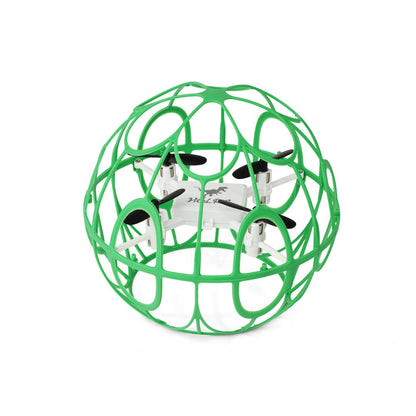 Green spherical cage drone close-up, propellers and inner frame visible