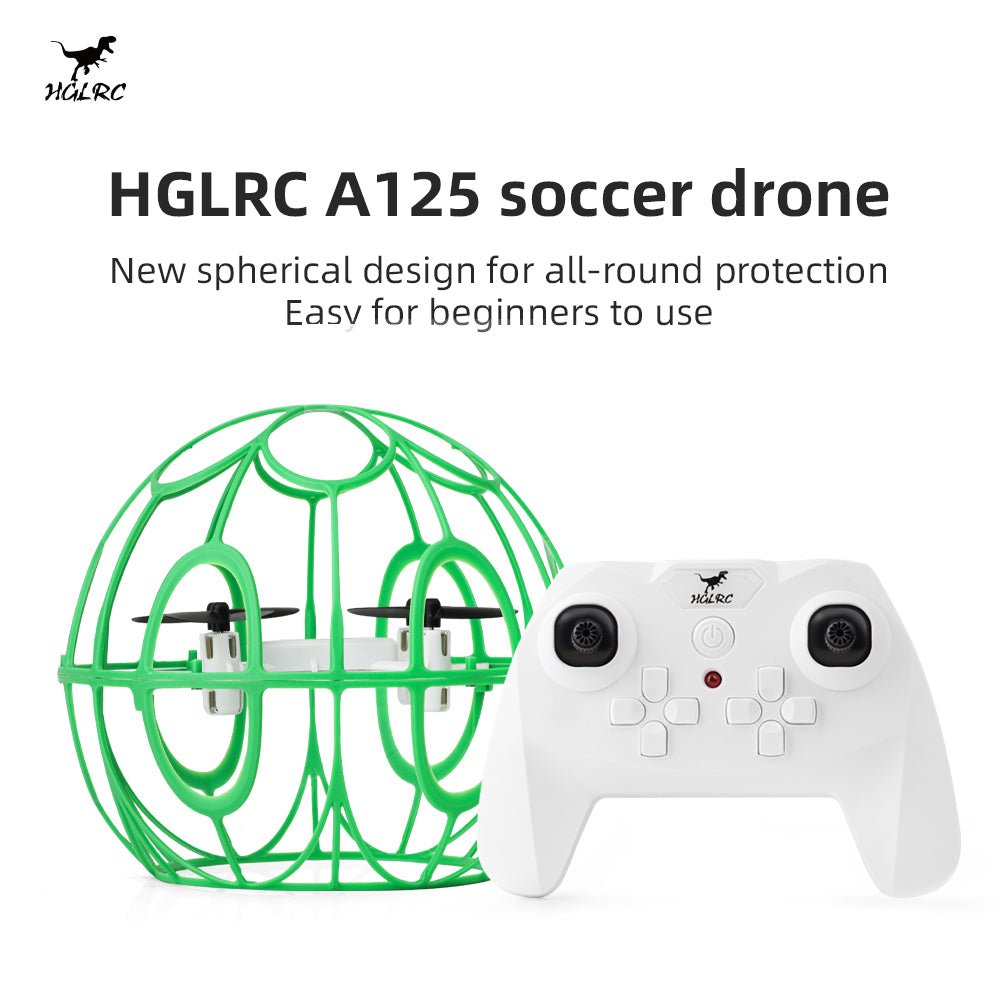 HGLRC A125 soccer drone promotional graphic with green cage drone and remote controller