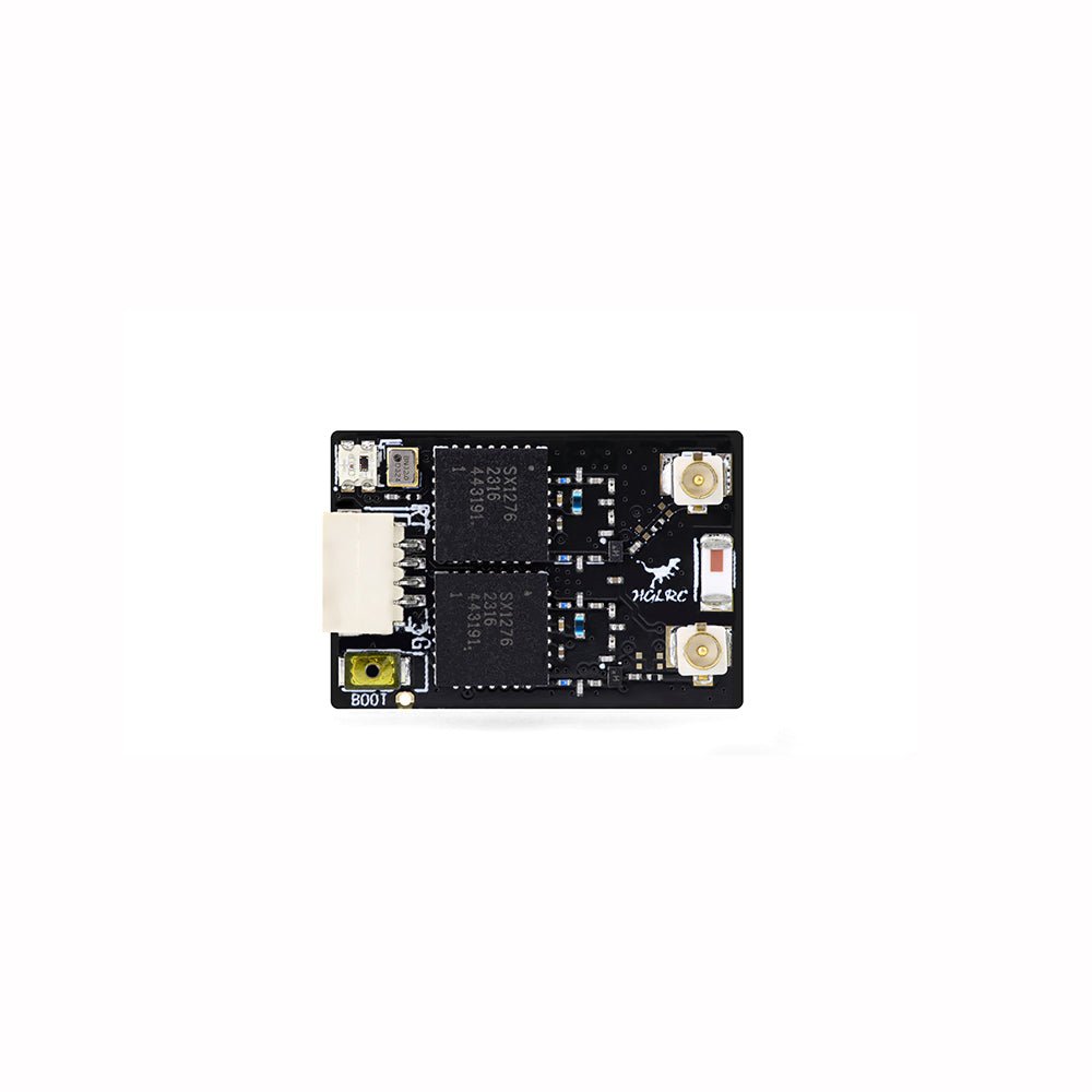 HGLRC ELRS GEMINI RX dual receiver close-up, top view with BOOT button and dual IPEX antenna connectors