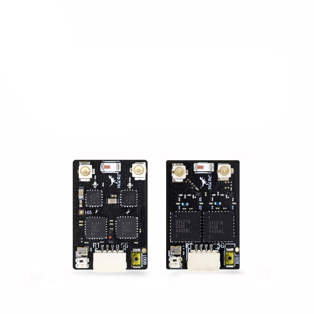 HGLRC ELRS GEMINI RX dual receiver boards shown side by side, top view with IPEX antenna connectors