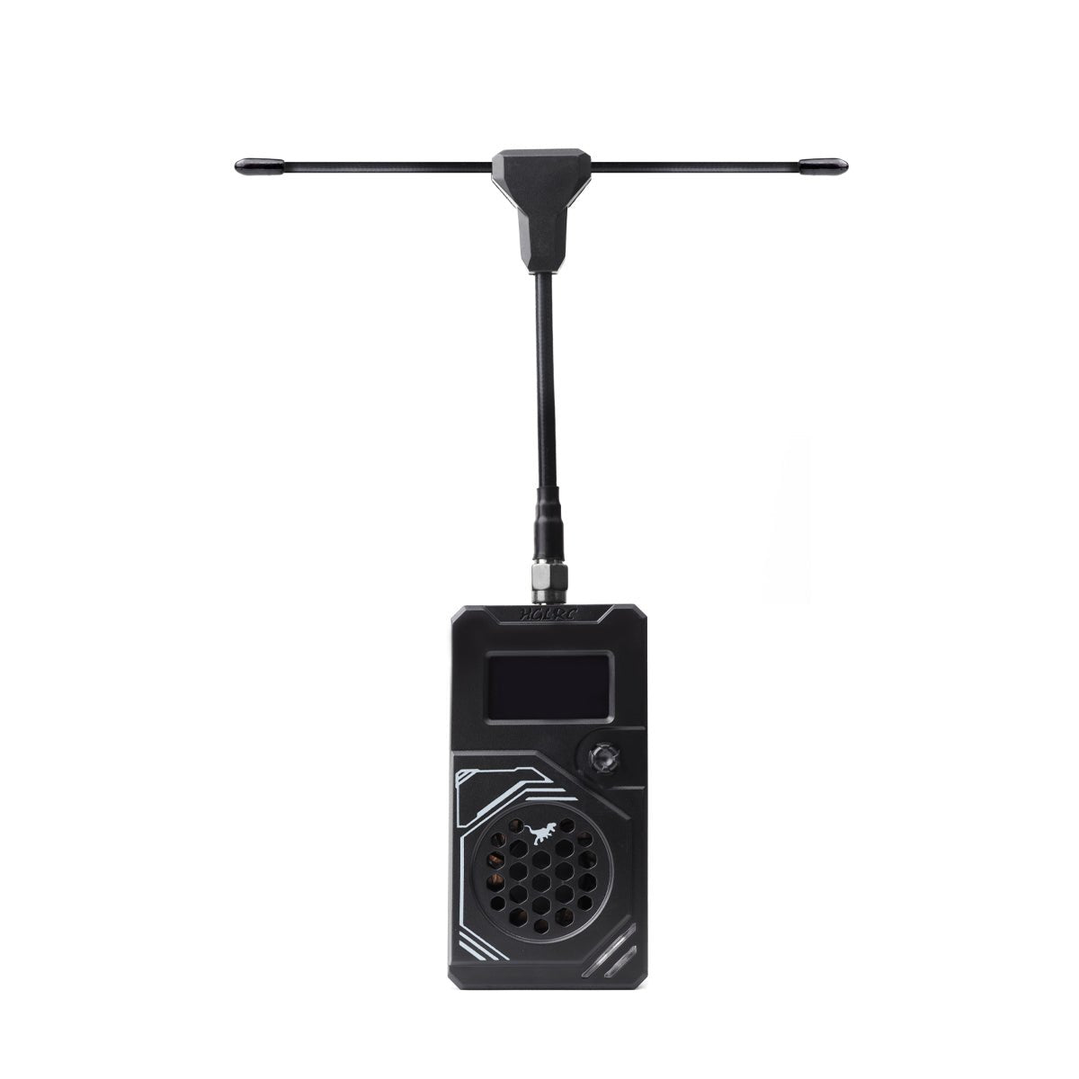 Front view of HGLRC ELRS T ONE TX module with OLED display, control knob, and speaker grille