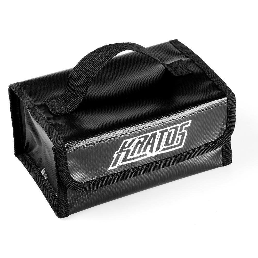 HGLRC KRATOS Fireproof Battery Safe Bag closed, black carry case with handle and KRATOS logo