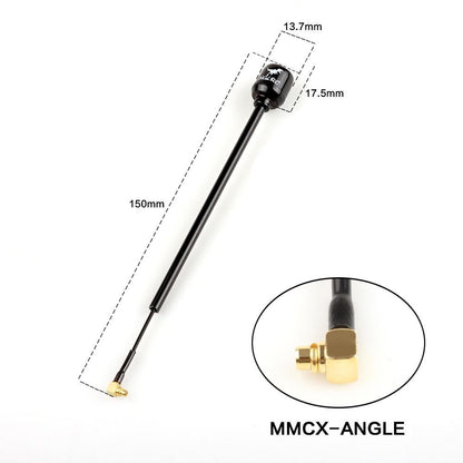 Hammer Mini antenna with MMCX angled connector, 150mm cable length and radome size diagram