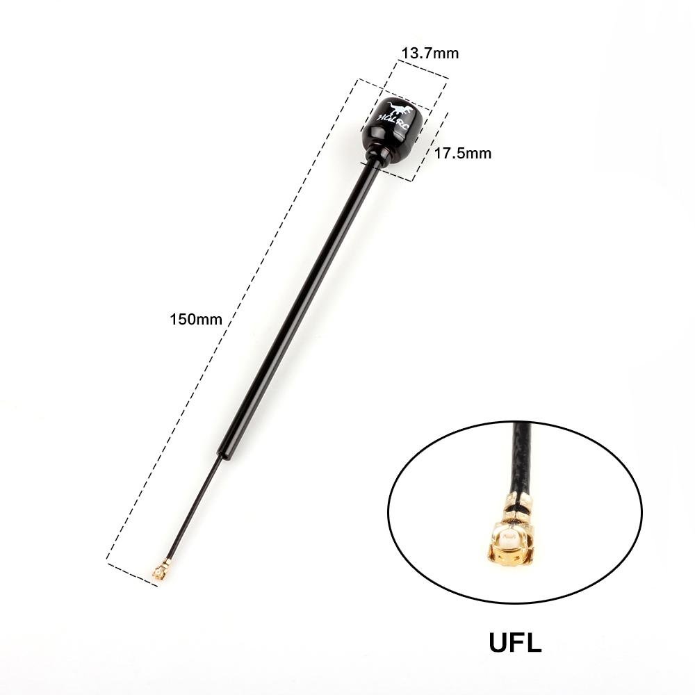 Hammer Mini antenna with UFL connector, 150mm cable length and radome dimensions shown