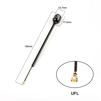 Hammer Mini antenna with UFL connector, 150mm cable length and radome dimensions shown