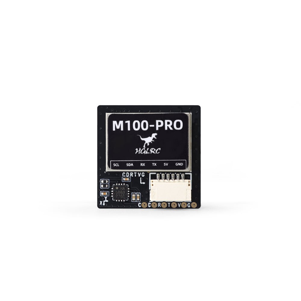 HGLRC M100 PRO GPS board underside with 6-pin connector and SCL/SDA/RX/TX/5V/GND labels