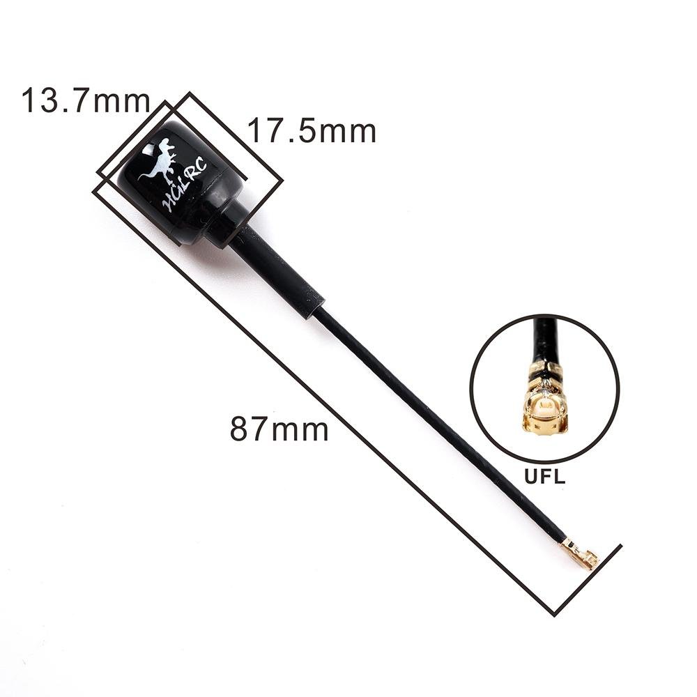 Mini Hammer FPV antenna dimensions diagram with UFL connector, 87mm lead and 13.7 x 17.5mm body