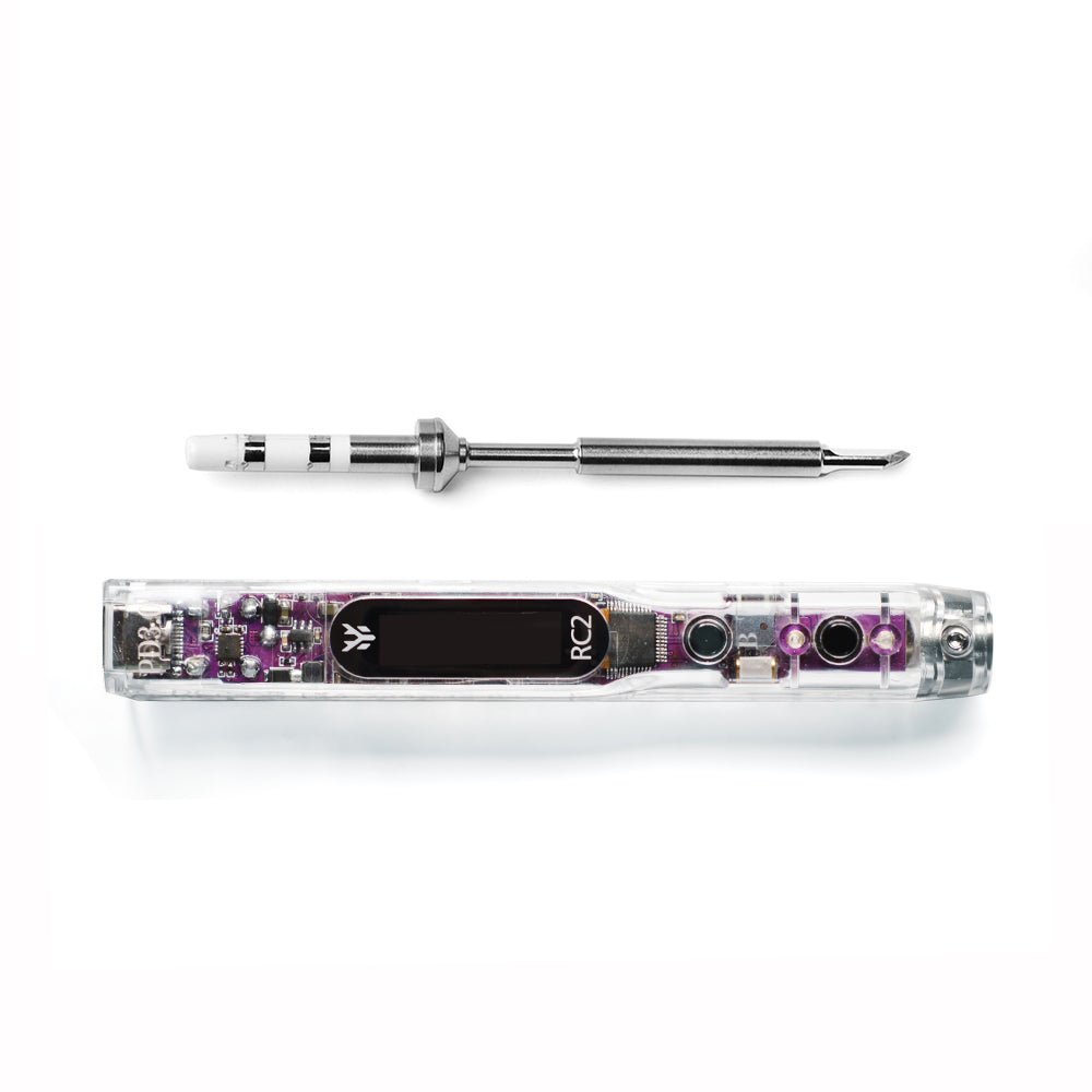 HGLRC RC2 soldering iron body with TS/T12 tip shown above, transparent handle and OLED window