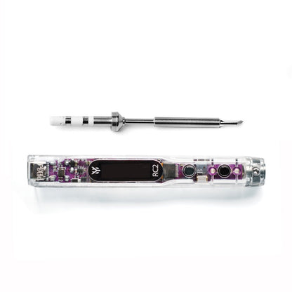 HGLRC RC2 soldering iron body with TS/T12 tip shown above, transparent handle and OLED window