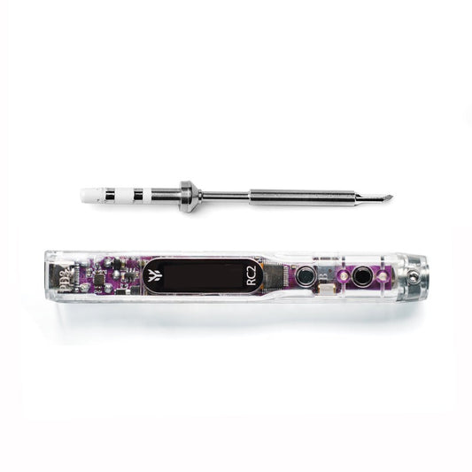 HGLRC RC2 soldering iron body with TS/T12 tip shown above, transparent handle and OLED window