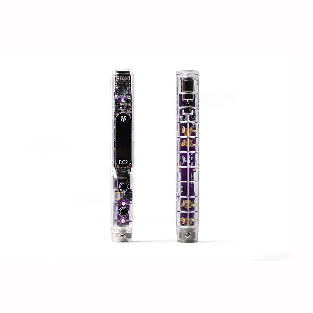 HGLRC RC2 soldering iron front and back views, transparent case with RC2 display area and internal PCB