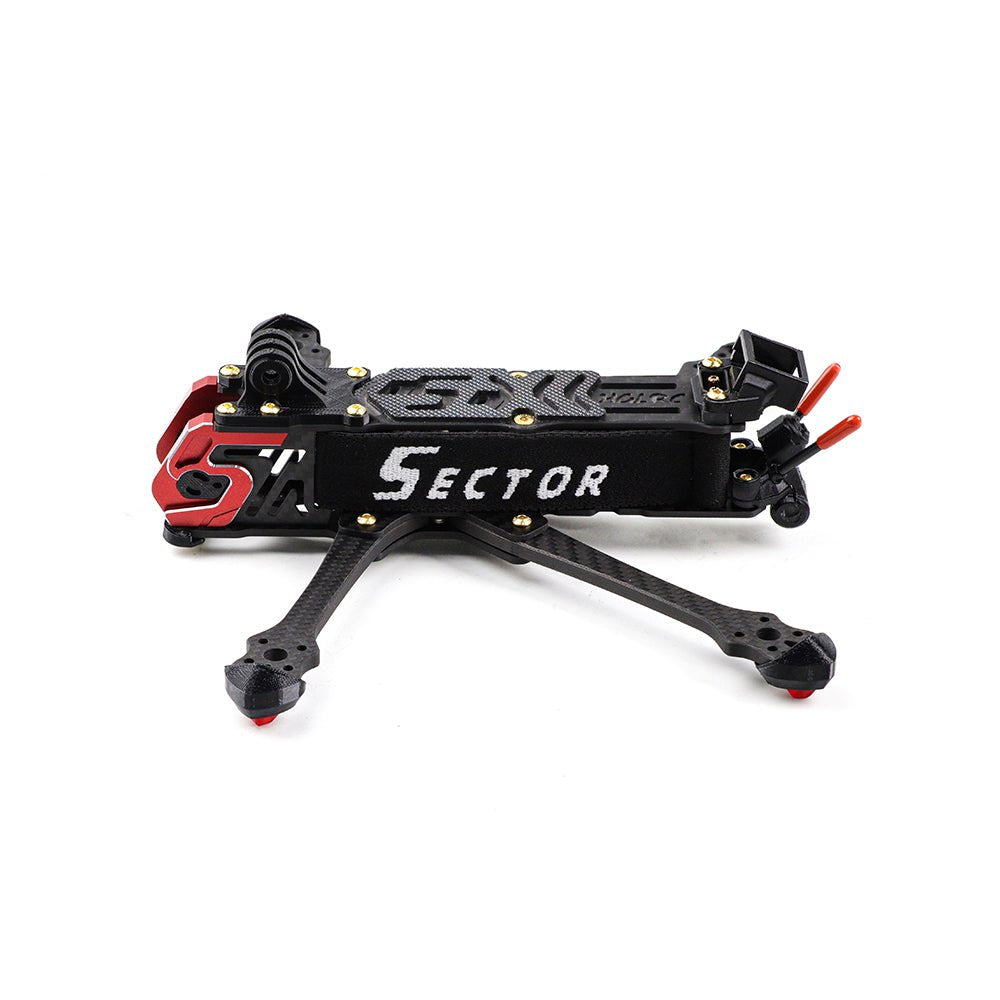 Side profile of Sector D5 FR FPV frame showing carbon arms, battery strap area, and rear antenna mount