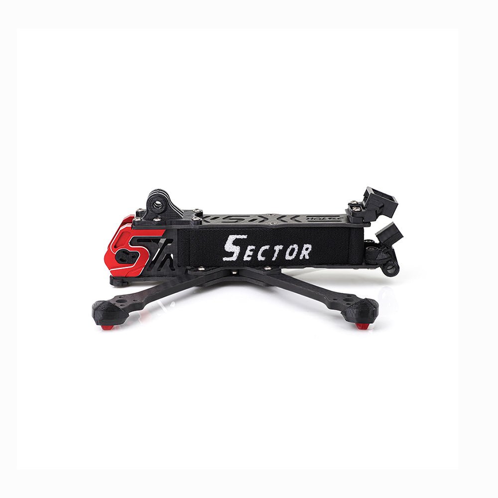 Sector X5 FR 5-inch FPV frame side profile showing "Sector" strap area and rear mount brackets