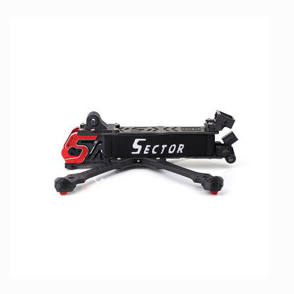 Sector X5 FR 5-inch FPV frame side profile showing "Sector" strap area and rear mount brackets