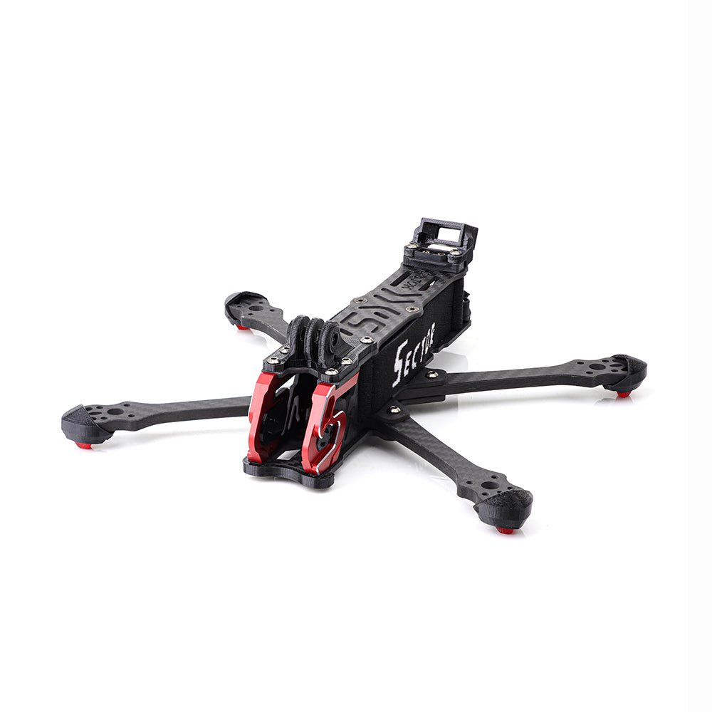 HGLRC Sector X5 FR 5-inch freestyle FPV frame, angled view with carbon arms and red front camera mount