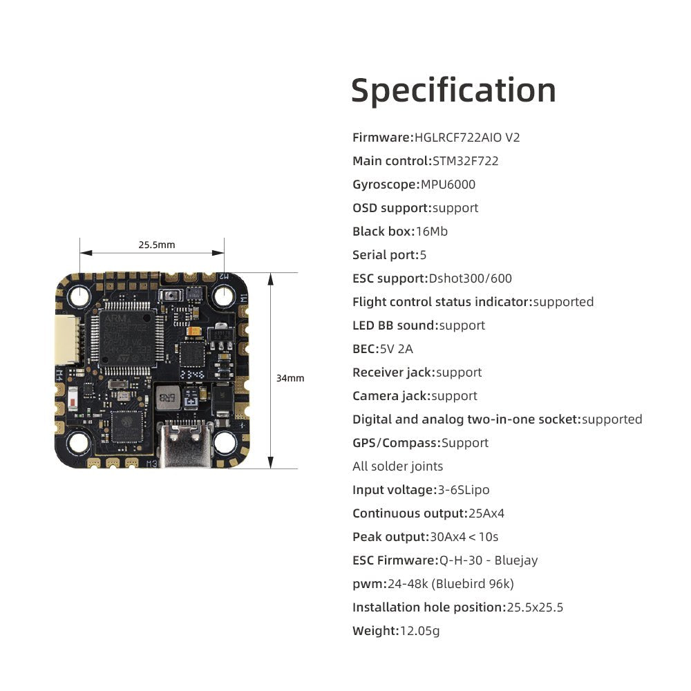 Specification chart for SPECTER 25A AIO board with 34mm x 25.5mm size diagram and feature list