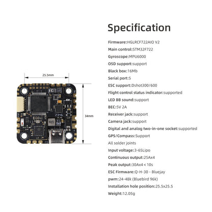 Specification chart for SPECTER 25A AIO board with 34mm x 25.5mm size diagram and feature list