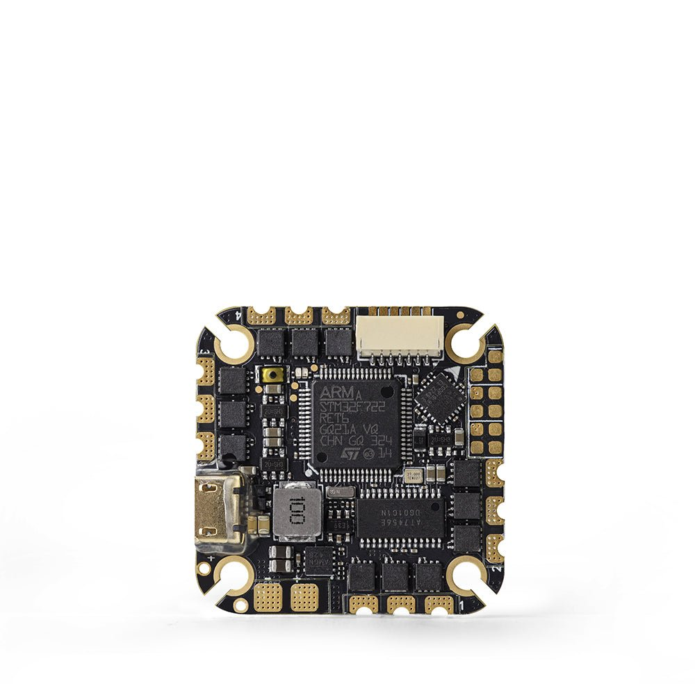 HGLRC Specter 40A 4-6S AIO Flight Controller board top view with USB port and solder pads