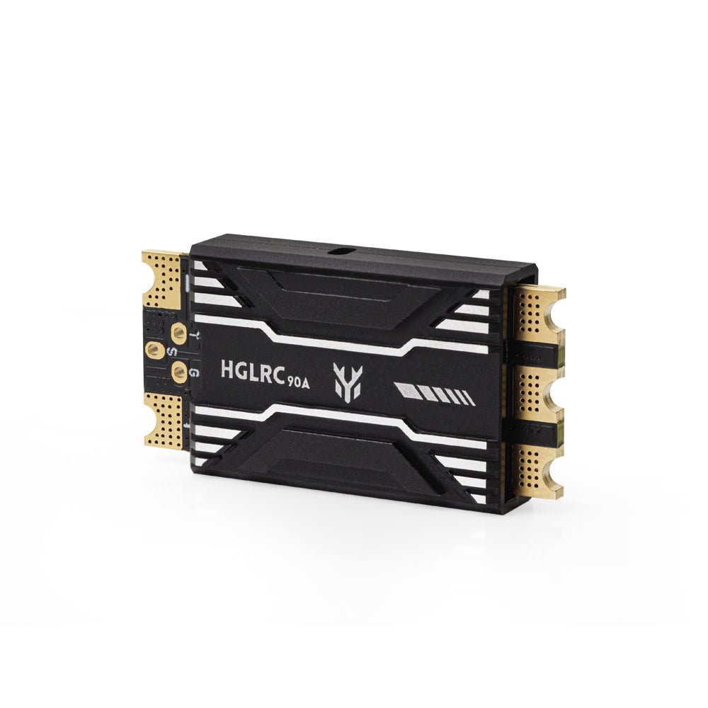 Angled side view of ESC aluminum case showing HGLRC 90A branding and end solder pads