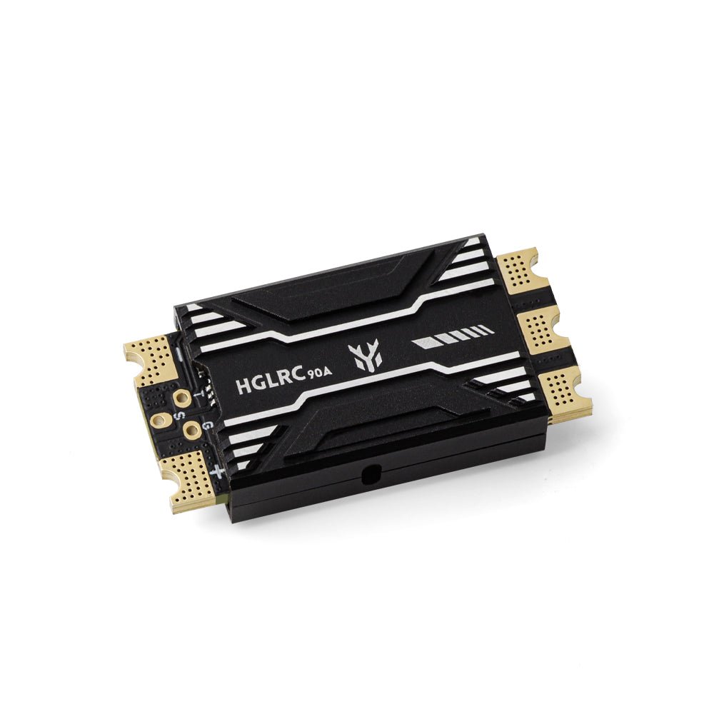 HGLRC SPECTER 90A Single ESC top view with black heatsink case and gold solder pads