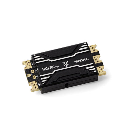 HGLRC SPECTER 90A Single ESC top view with black heatsink case and gold solder pads