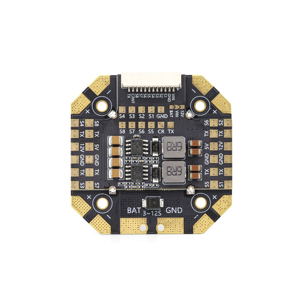Power distribution board component side with solder pads and connector header, BAT 3–12S markings