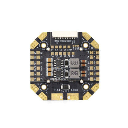 Power distribution board component side with solder pads and connector header, BAT 3–12S markings