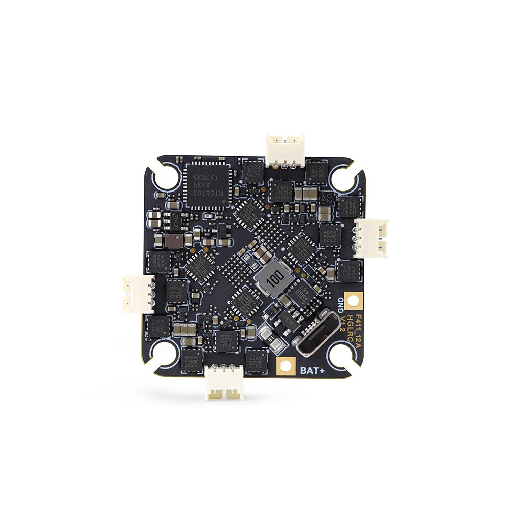 HGLRC SPECTER F411 12A AIO Flight Controller top view with USB-C port and solder pads