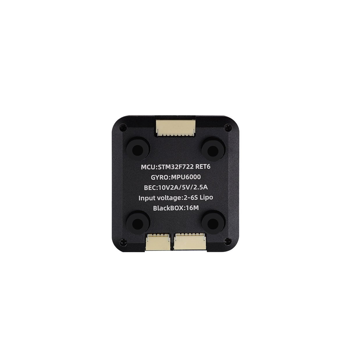 HGLRC SPECTER F722 Mini flight controller underside with printed specs and three plug connectors