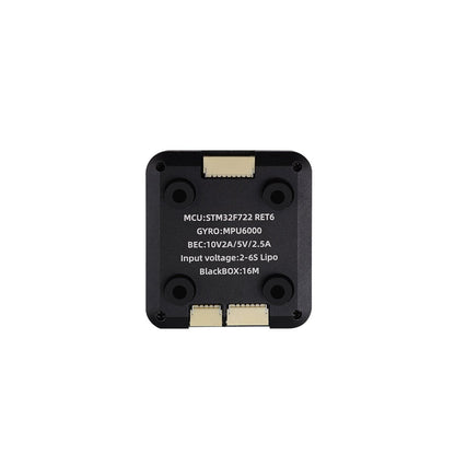 HGLRC SPECTER F722 Mini flight controller underside with printed specs and three plug connectors
