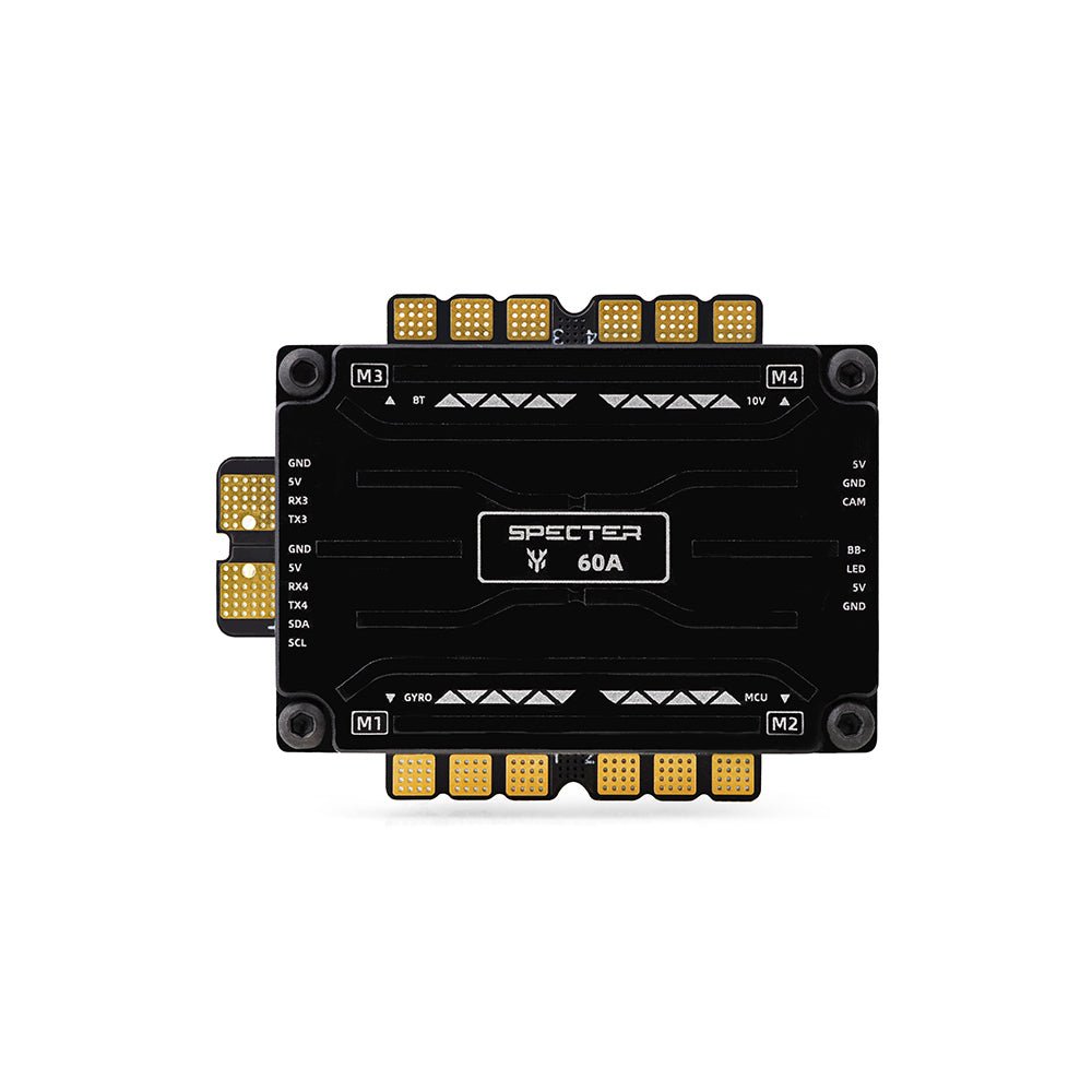 HGLRC SPECTER F760 BOX integrated stack top view, solder pads and 60A marking