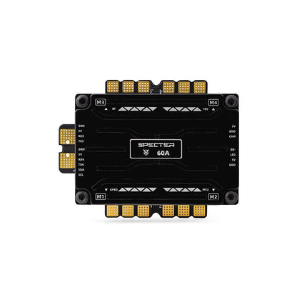 HGLRC SPECTER F760 BOX integrated stack top view, solder pads and 60A marking