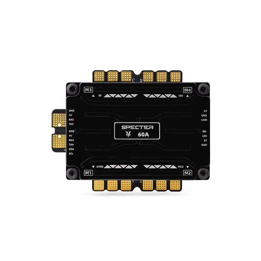 HGLRC SPECTER F760 BOX integrated stack top view, solder pads and 60A marking