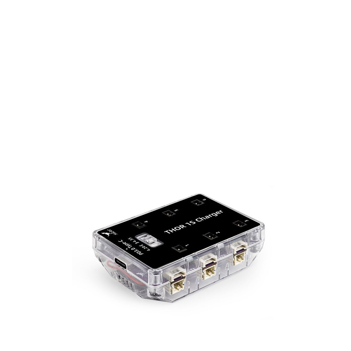 HGLRC Thor 1S Charger board in clear case with Type-C input and multiple 1S battery ports