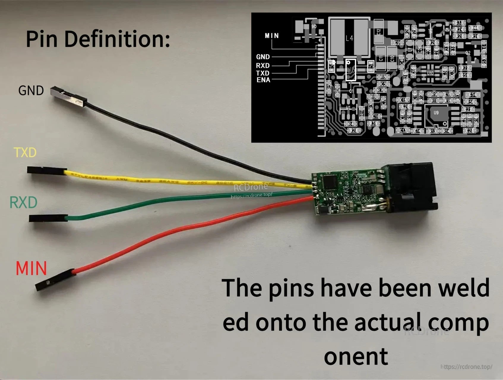 High Precision Laser Distance Measuring Module, High-precision laser distance module with labeled pins (GND, TXD, RXD, MIN) and included schematic.