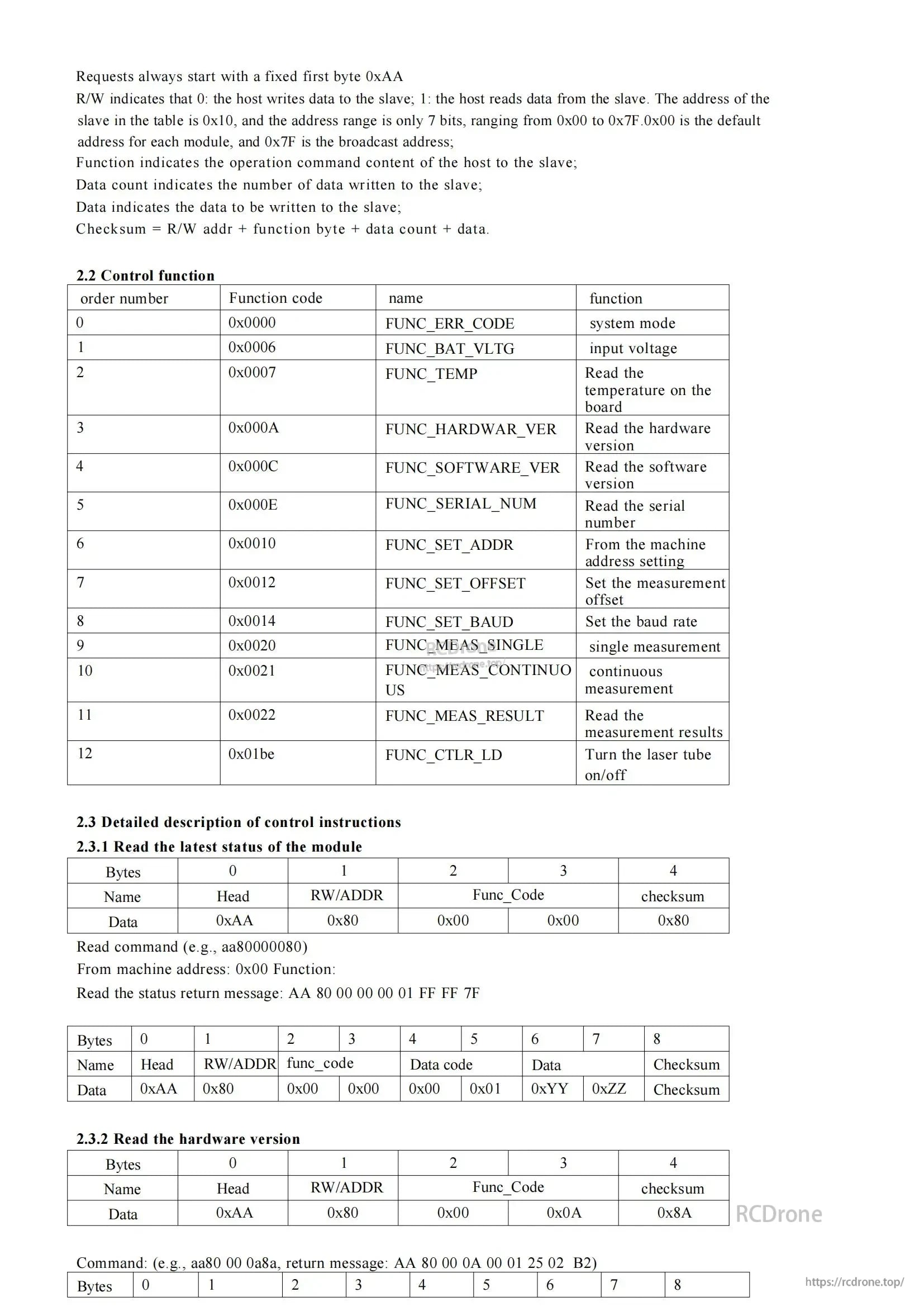 High Precision Laser Distance Measuring Module, Laser distance module communication protocol defines command structures, data formats, and control functions for status, hardware version, and measurement readings.