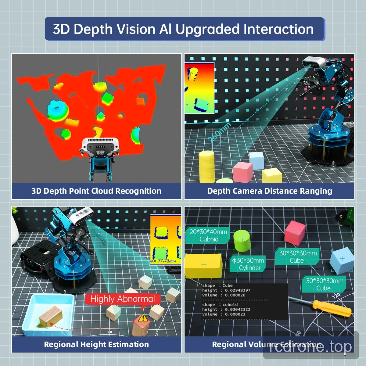 Robot arm depth vision demonstrations showing point clouds, distance ranging, block height and volume estimation.