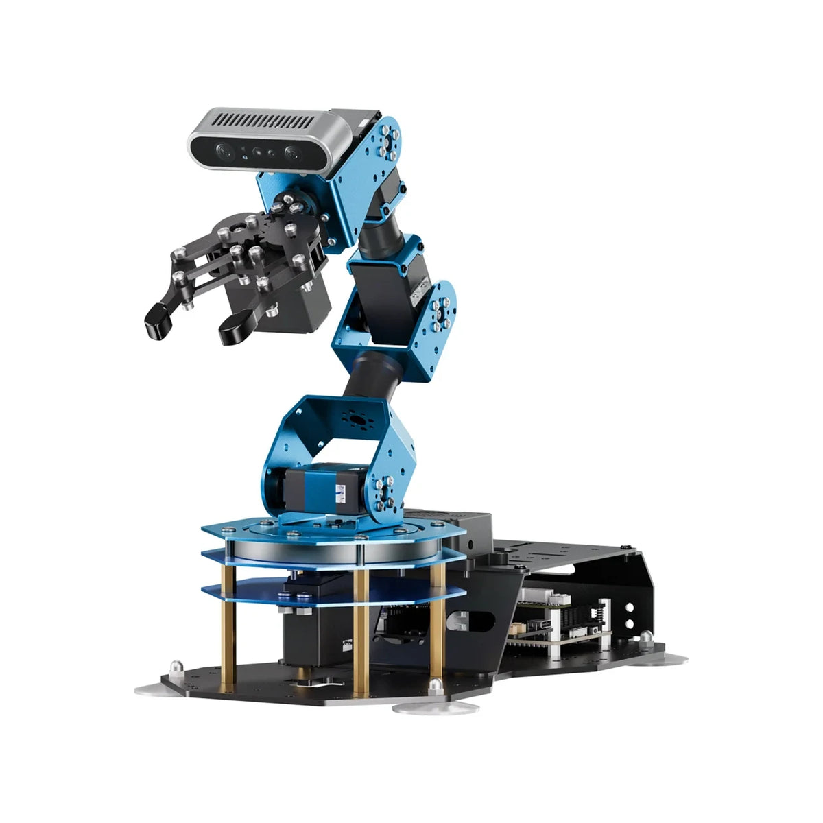 Blue and black ArmPi Ultra robot arm with open mechanical claw, silver depth camera and layered base.