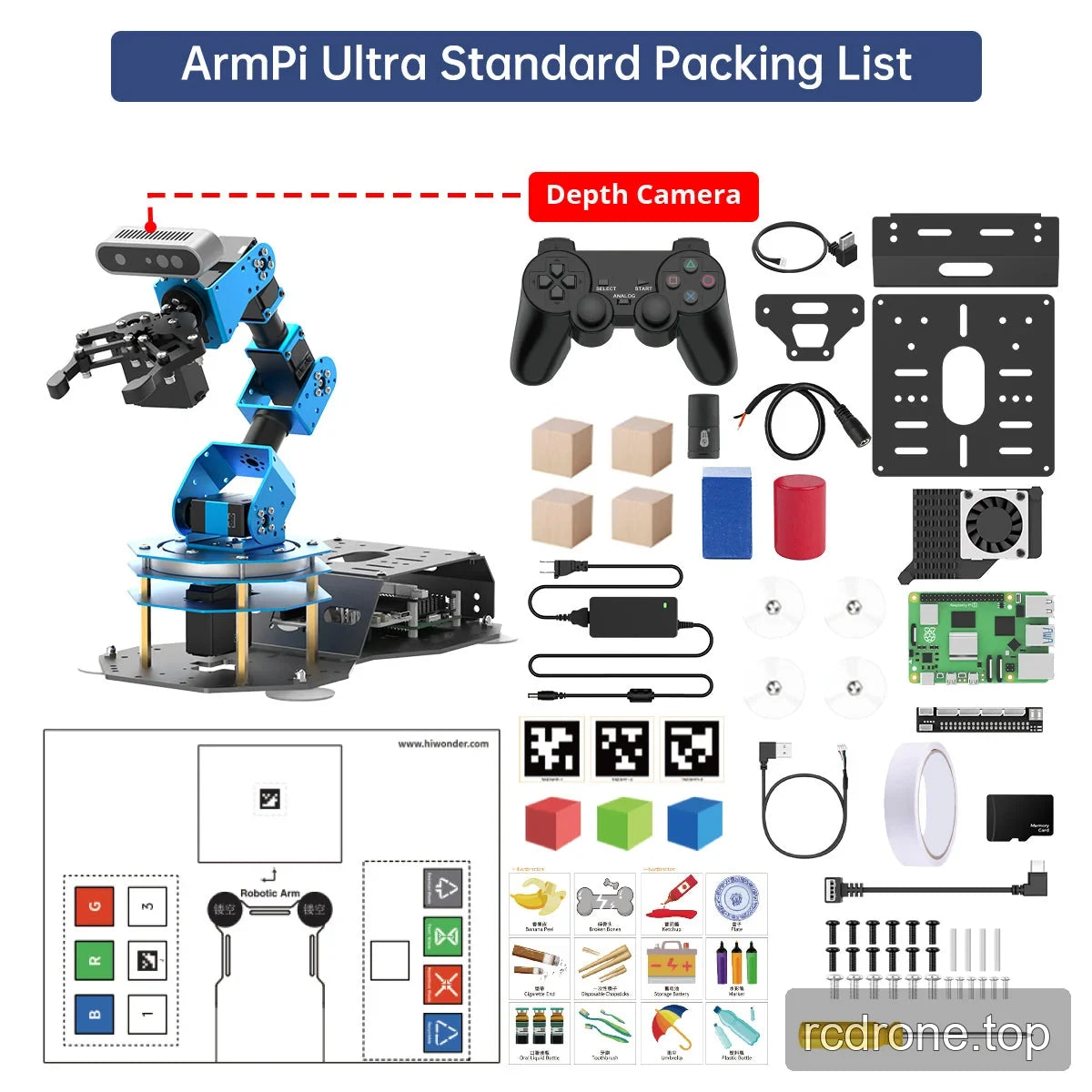 Standard kit packing layout with depth-camera robot arm, gamepad, mounting plates, blocks, activity mat and accessories.