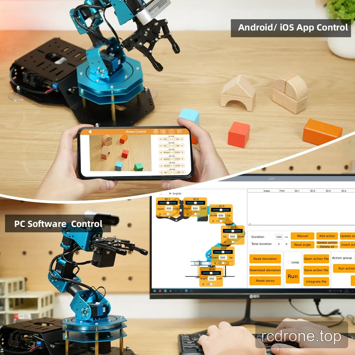 Smartphone app and PC software controlling the robot arm, with live camera view and joint adjustment controls.