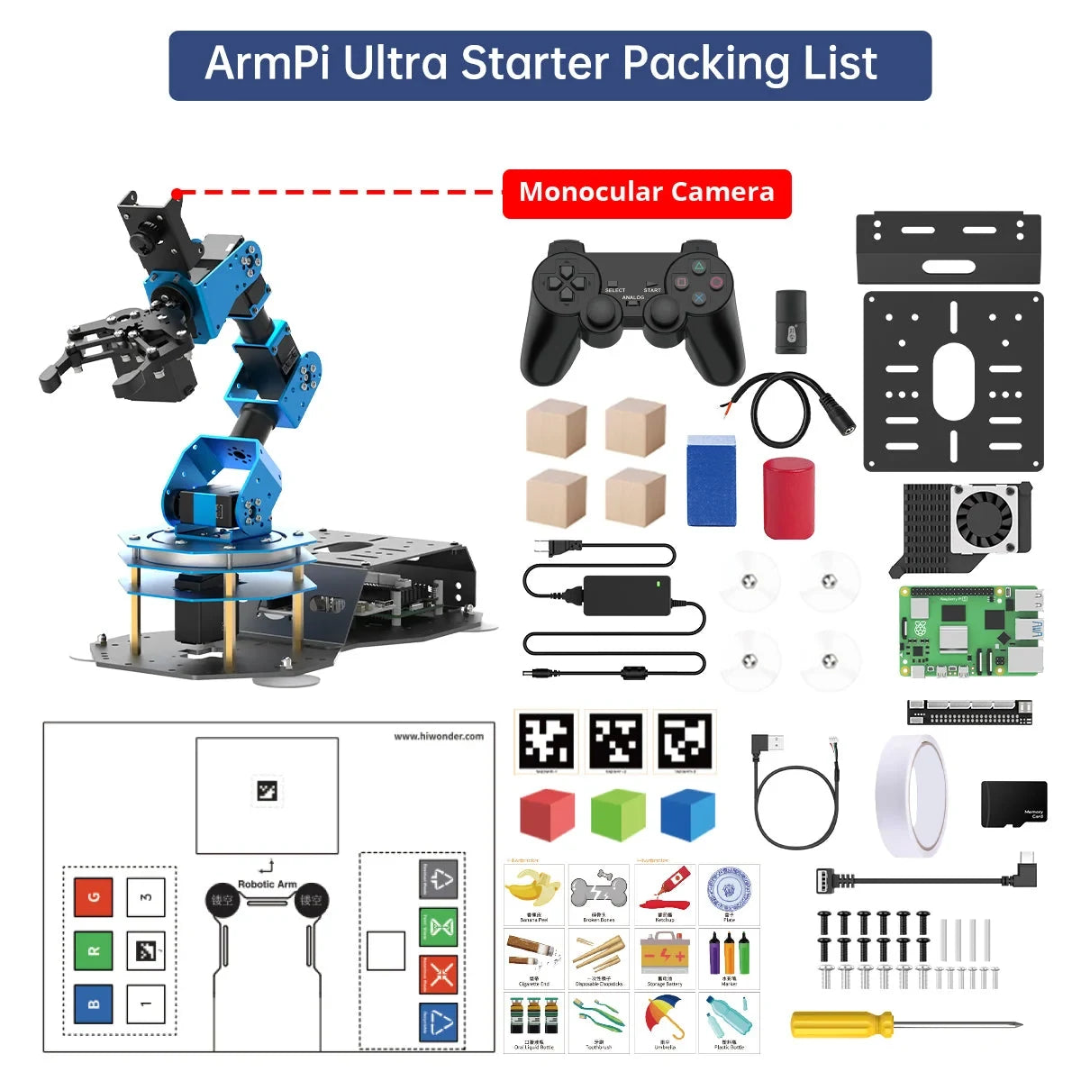 Starter kit packing layout with monocular-camera robot arm, gamepad, boards, blocks, activity mat, cables and tools.