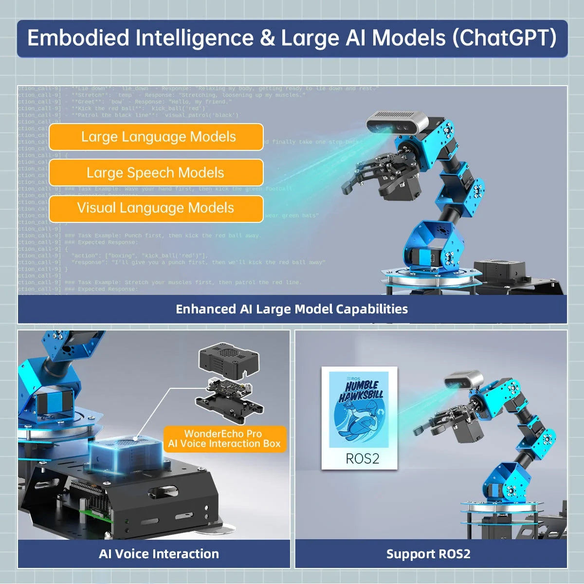 ArmPi Ultra feature panel highlighting ChatGPT models, WonderEcho Pro voice interaction and ROS2 support.
