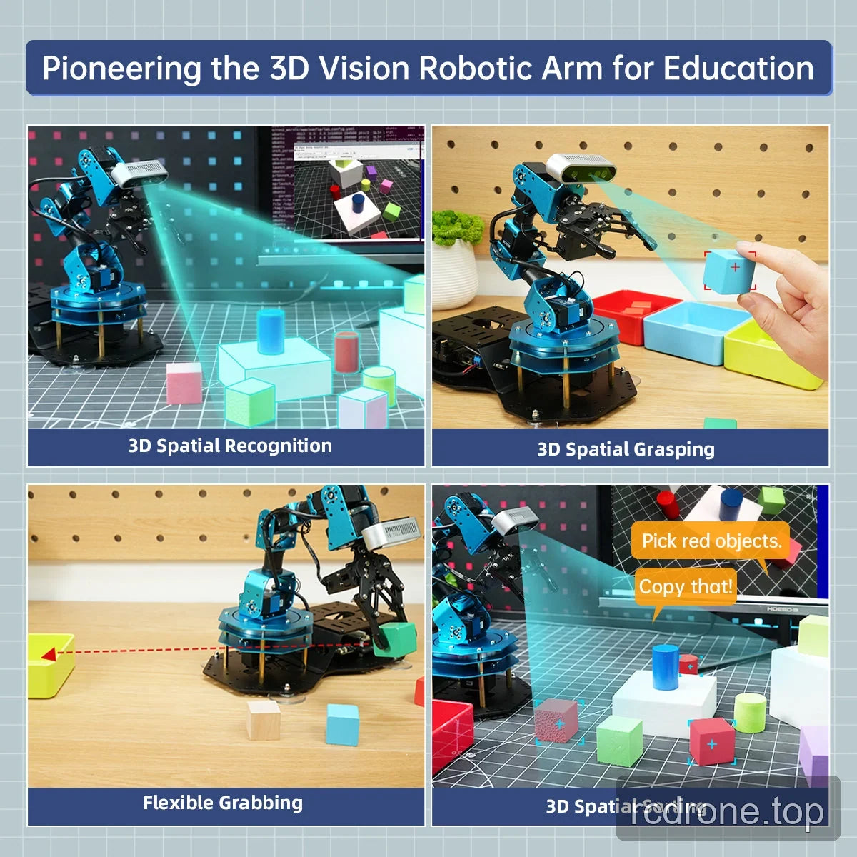 ArmPi Ultra demonstrations of spatial recognition, handheld cube detection, block grasping and red-object sorting.