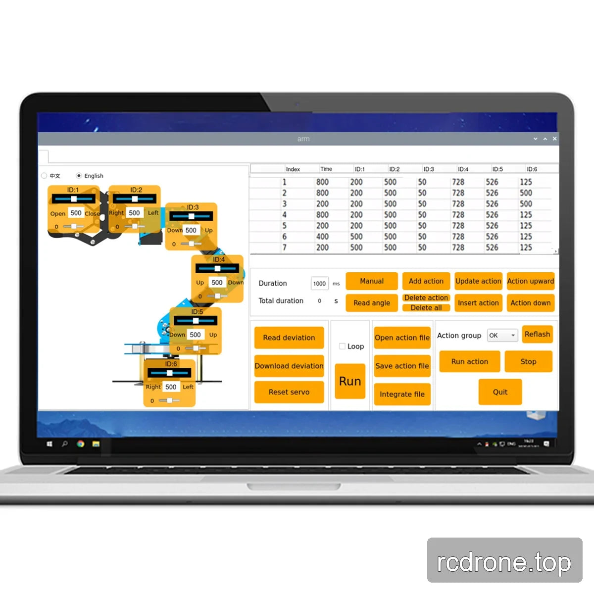 Laptop displaying robot arm control software with six joint sliders, action sequence table and run controls.