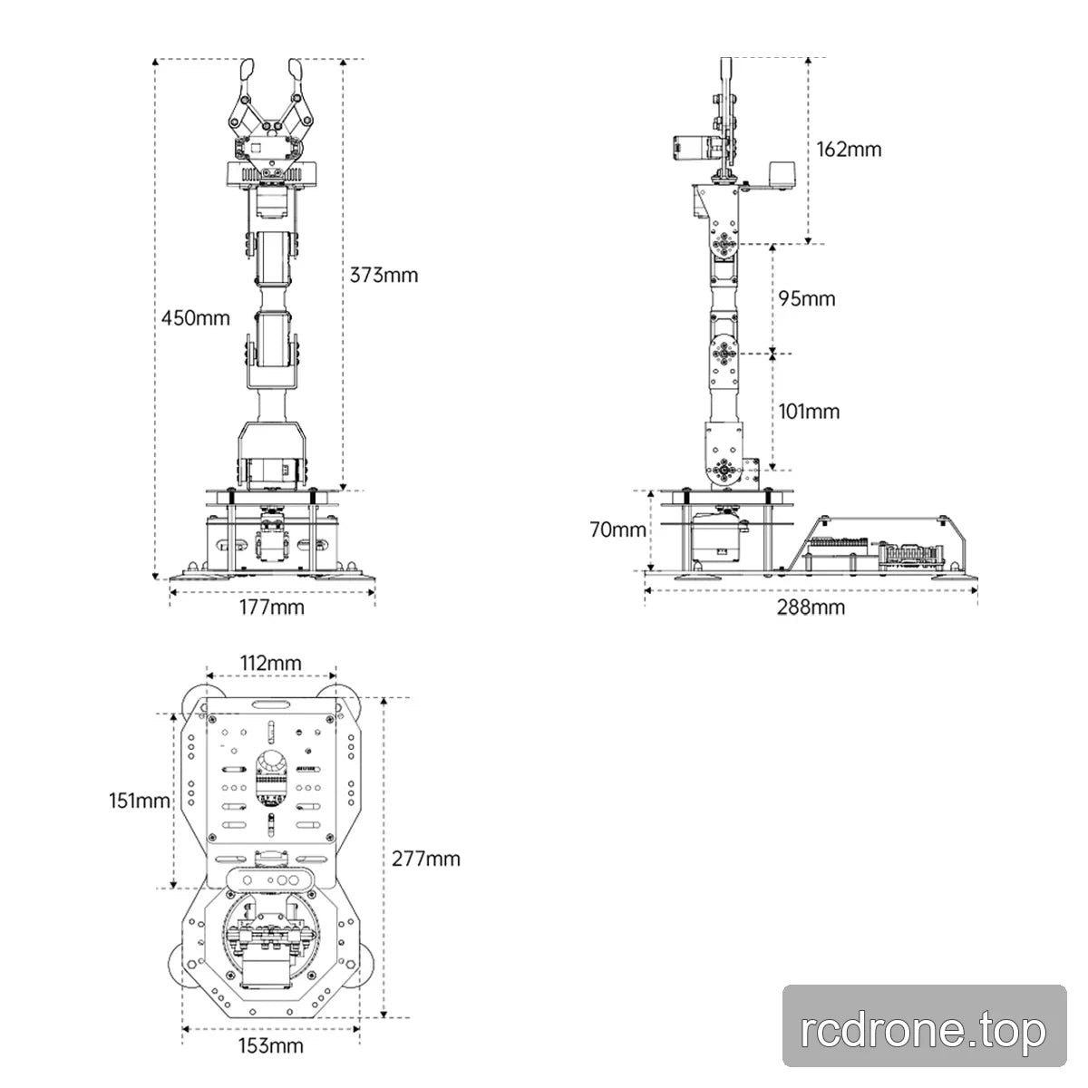 Robot arm dimension drawings with front, side and base views, 450 mm overall height and separate claw measurements.