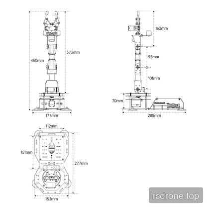 Robot arm dimension drawings with front, side and base views, 450 mm overall height and separate claw measurements.